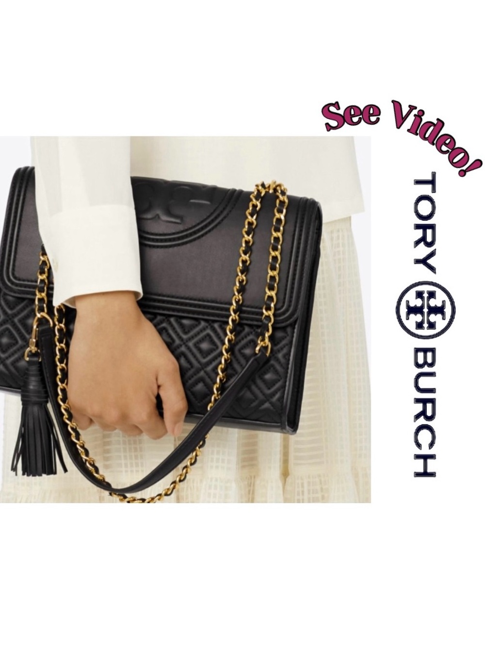 Tory Burch Black/Gold Large Fleming Quilted Lambskin Convertible Bag